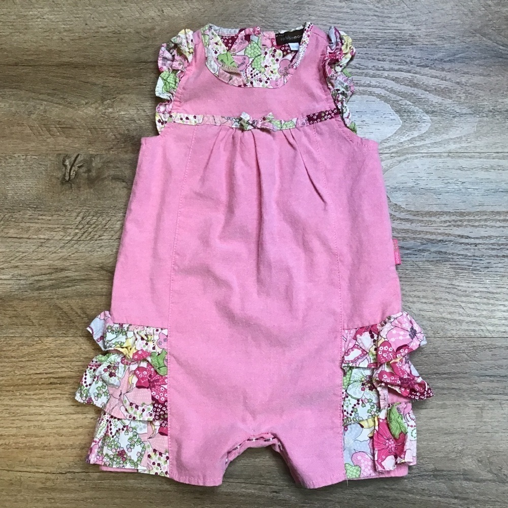 Rabbit Moon Romper Baby Girl Size 9-12 Months Jumper Floral Ruffle Pink Multi